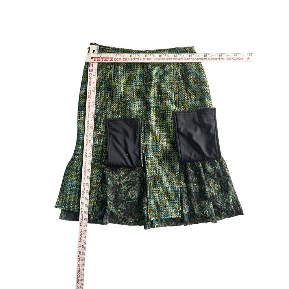 Yansi Fugel Tweed Wool Skirt Size 6 – Green Blue Lace Hem Flared Midi Retro - Picture 2 of 9